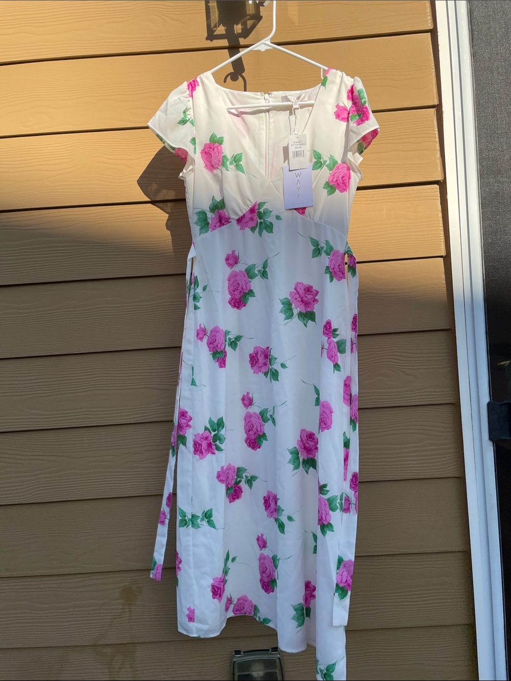 Wayf White Midi Dress with Pink Rose Floral Print